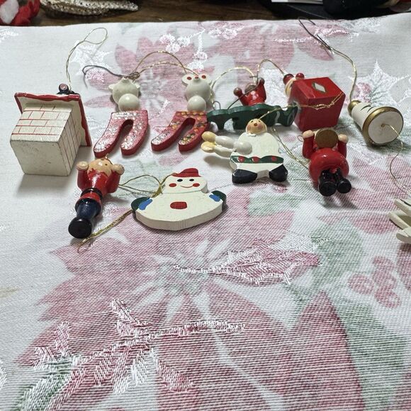 Vtg Wooden Mini Christmas Ornaments Lot 12pcs German Taiwan Clock Mouse Chimney - Picture 8 of 11